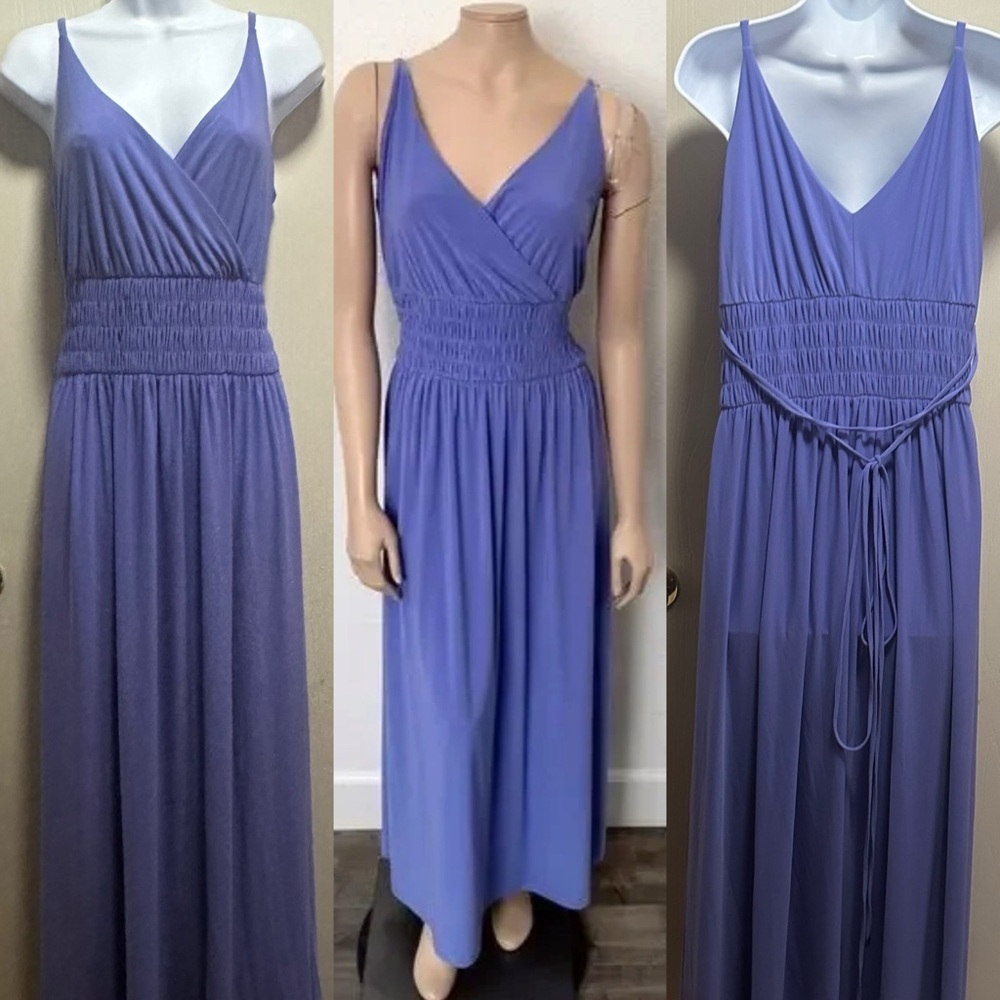 ✨💜White House Black Market WHBM Purple PeriwinkleV-Neck Ruched Maxi Dress Size M - Picture 7 of 16